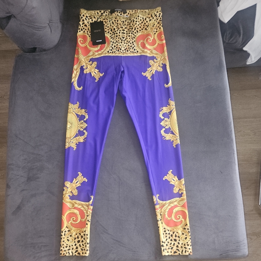 Versace Leopard Print Leggings with Purple and Gold Accents